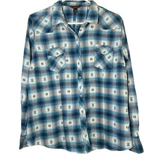 Bit & Bridle Western Snap Shirt Blue Plaid Embroidered Cowgirl Medium Rodeo